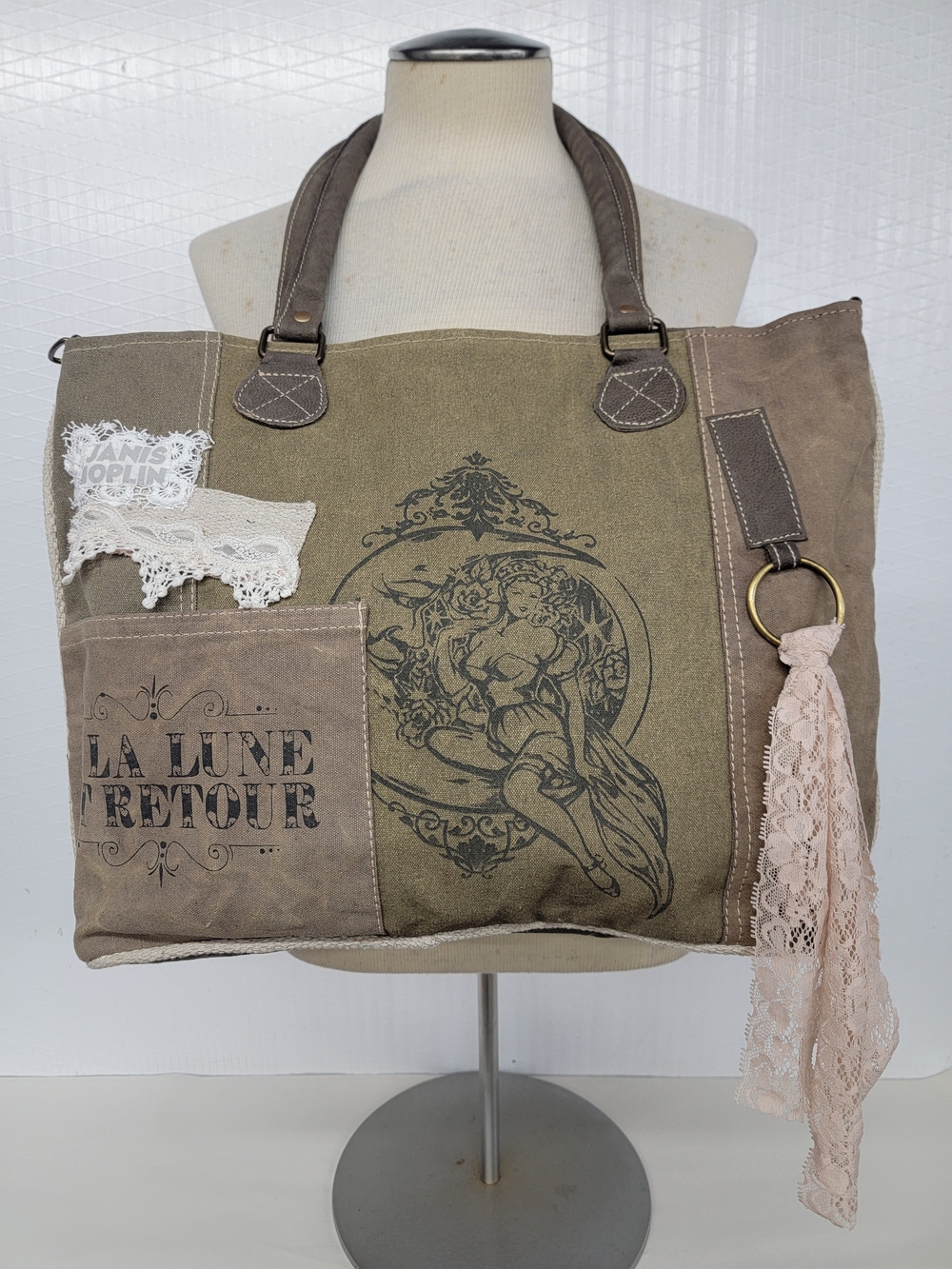 Janis Joplin Canvas Tote Bag With Lace Upcycled Vintage